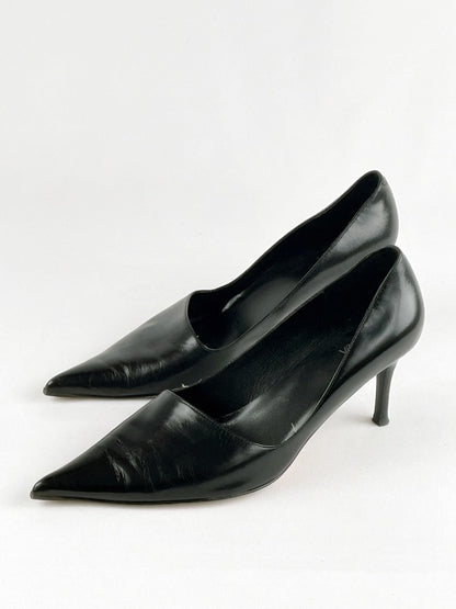 Elegante Vintage Damen-Pumps Schwarz Echtleder – Größe 37, Spitzer Absatzschuh mit Kitten Heel
