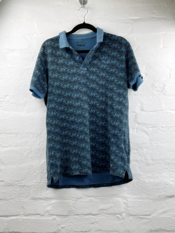 Blend Poloshirt Blau – Kurzarm, Allover-Print, Größe M