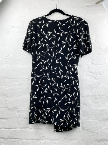 Fabiani Kleid – Schwarz mit weißem Blätter-Print, Kurzarm, Viskose, Größe 36