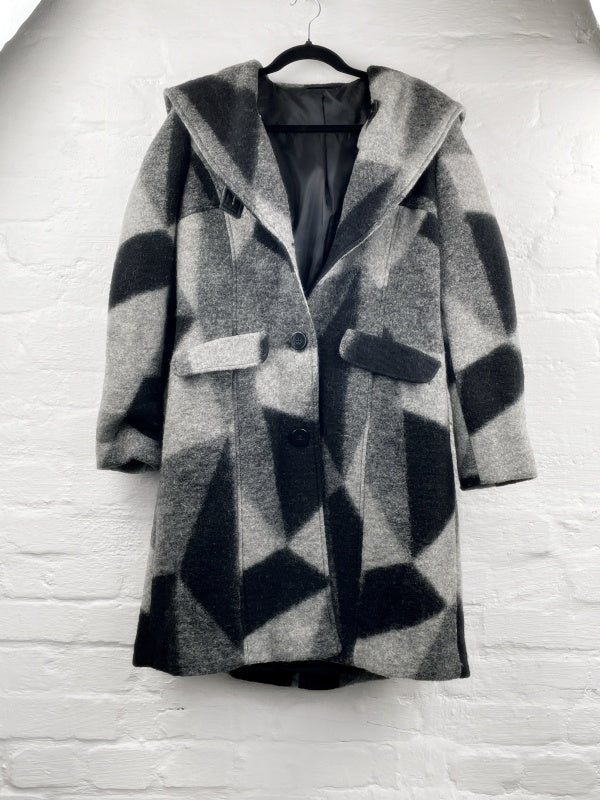 Steilmann Damen Wollmantel Retro – Grau Schwarz, Kapuze, Gr. 40