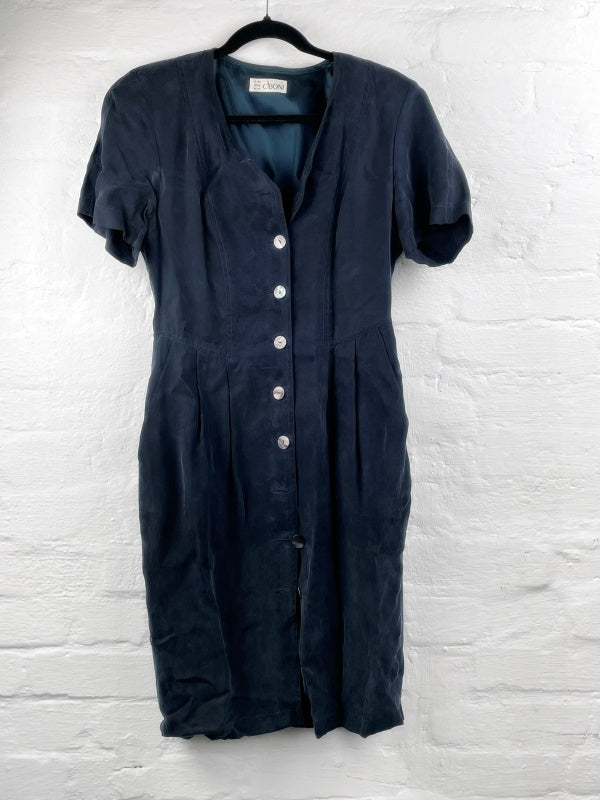 Ciboni Kleid – 90s Retro Viskose, Dunkelblau, Kurzarm, Knopfleiste, Größe 38