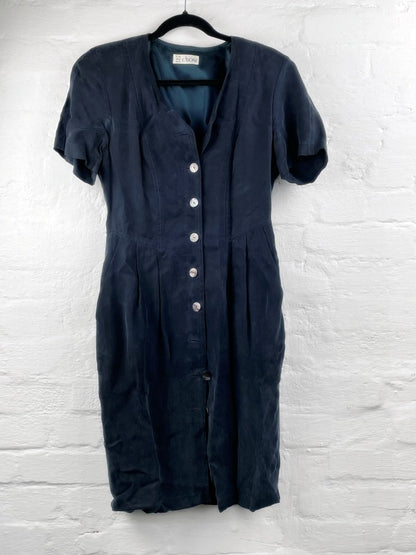 Ciboni Kleid – 90s Retro Viskose, Dunkelblau, Kurzarm, Knopfleiste, Größe 38