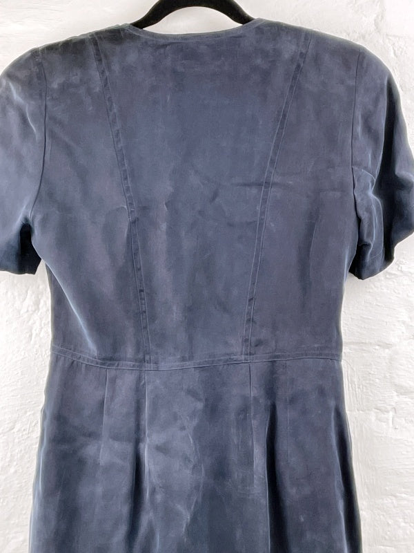 Ciboni Kleid – 90s Retro Viskose, Dunkelblau, Kurzarm, Knopfleiste, Größe 38