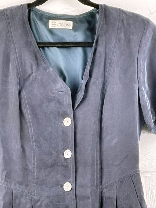 Ciboni Kleid – 90s Retro Viskose, Dunkelblau, Kurzarm, Knopfleiste, Größe 38