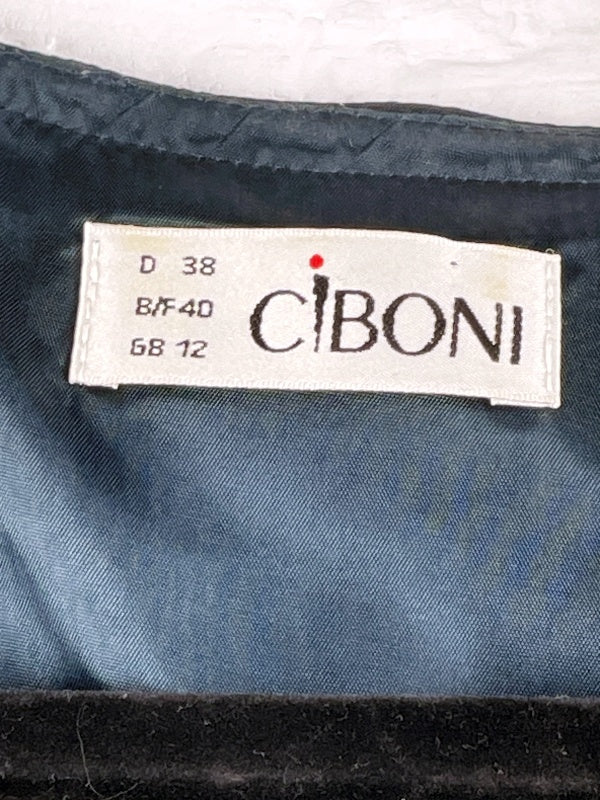 Ciboni Kleid – 90s Retro Viskose, Dunkelblau, Kurzarm, Knopfleiste, Größe 38